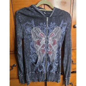 Y2K Grunge Hoodie Size Medium Roses Guns Goth Biker Whimsigoth Blue Zip